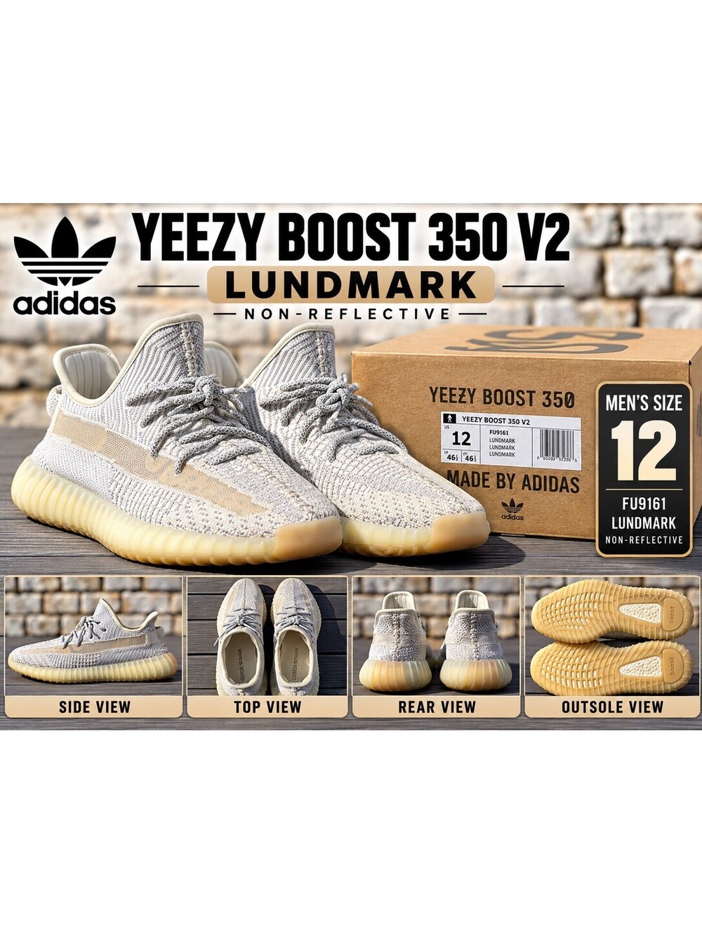 Adidas Yeezy Boost 350 V2 Lundmark Non-Reflective FU9161 Men’s Size 12 w/ OG Box